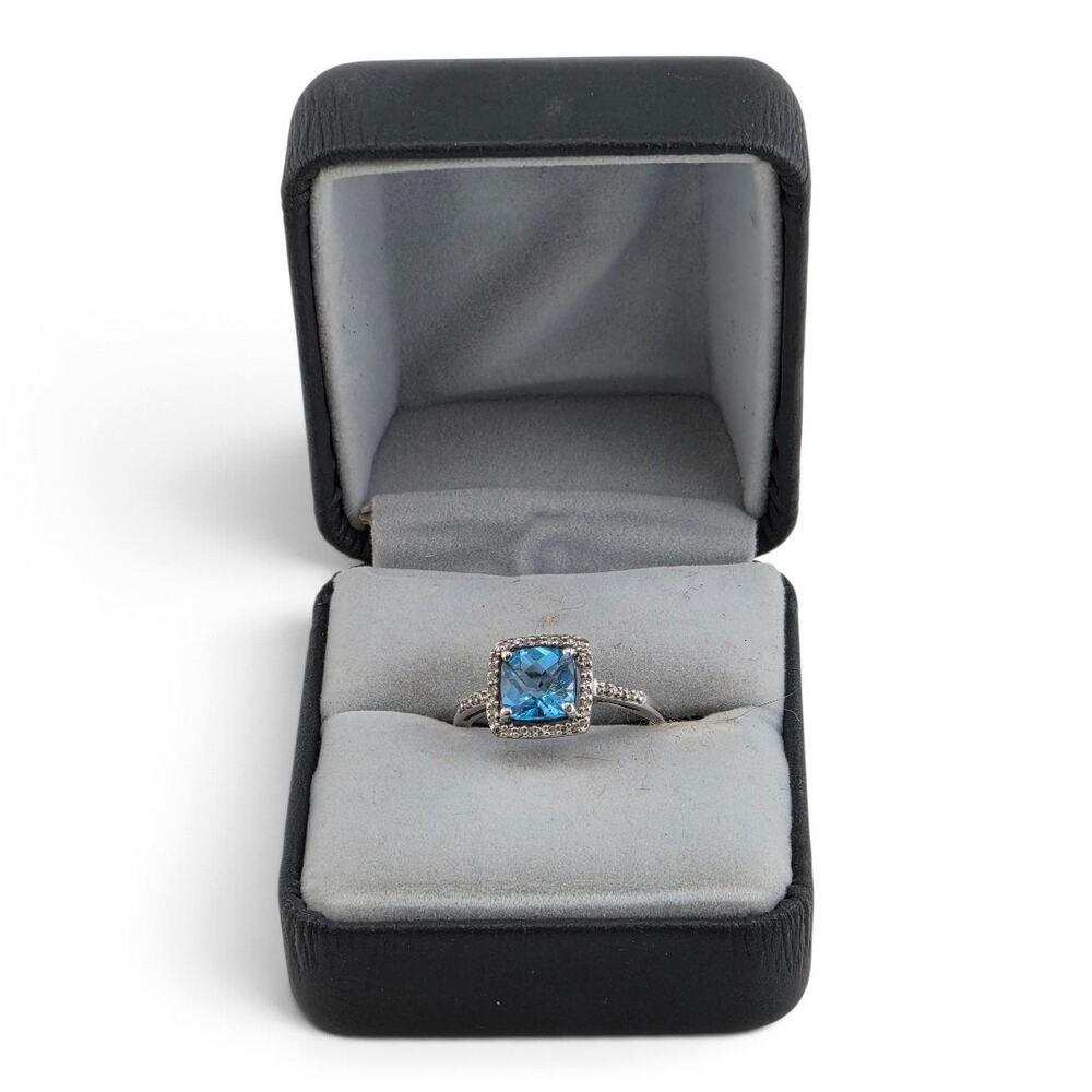 AJ 14K White Gold Swiss Blue Topaz Diamond Halo Ring 2.62g Size 7